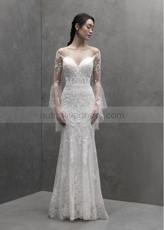 Long Illusion Sleeve Ivory Lace Tulle Fairytale Wedding Dress